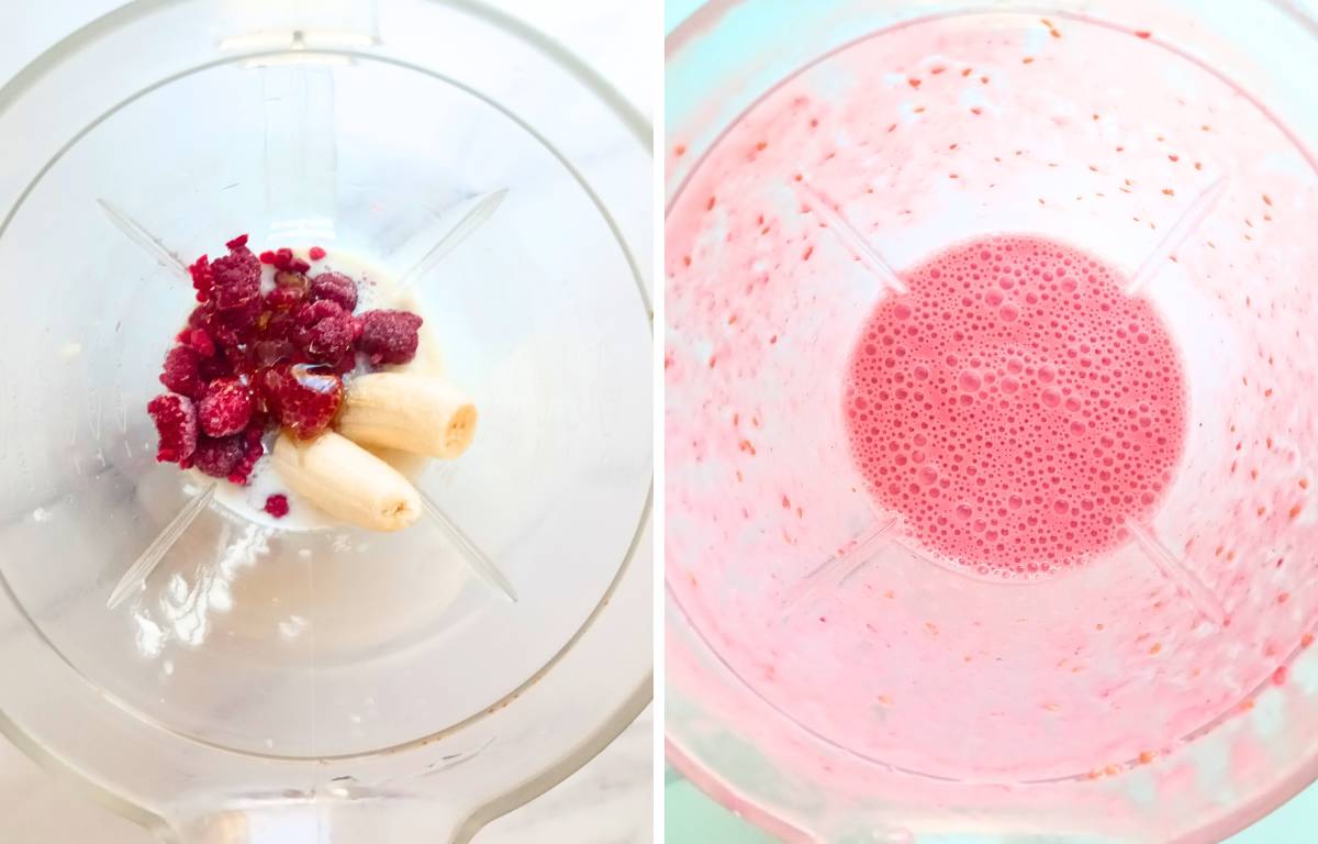 add raspberries, bananas and yogurt to blender and blend until smooth