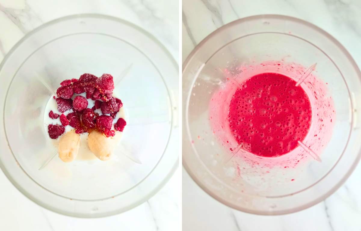add raspberries, yogurt, banana and honey to blender and blend until extra smooth