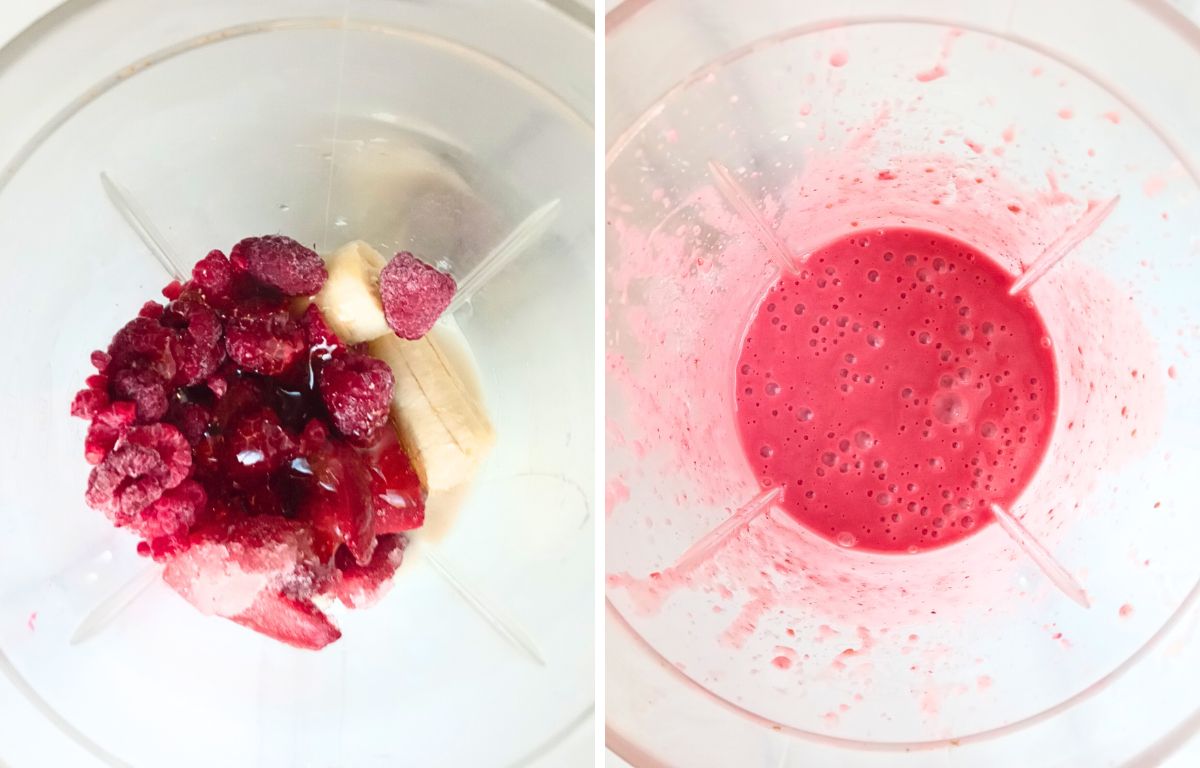 add strawberries, raspberries, and milk to blender